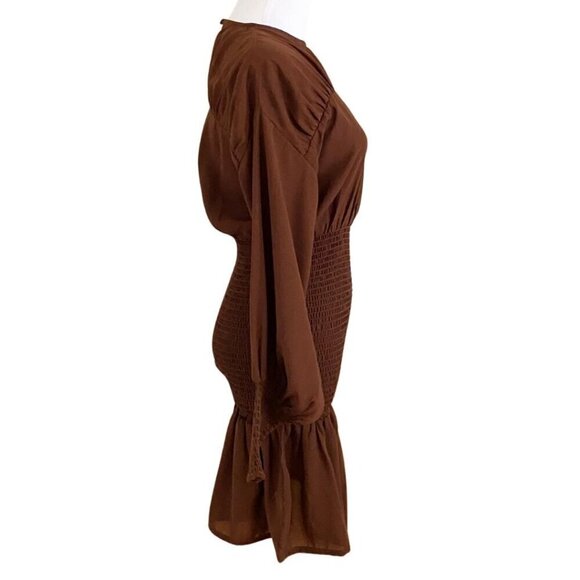 PRETTY LAVISH LUCILLE MINI SHIRRED DRESS IN BROWN - 6 - Picture 3 of 11